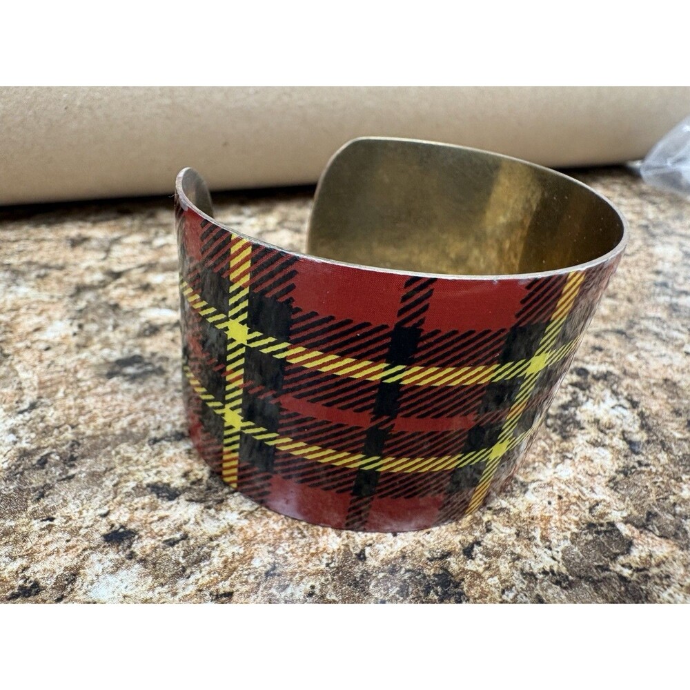 Wide Red Tartan Plaid Enamel Cuff Bracelet 6” Brass Tone Statement Bangle Scotch